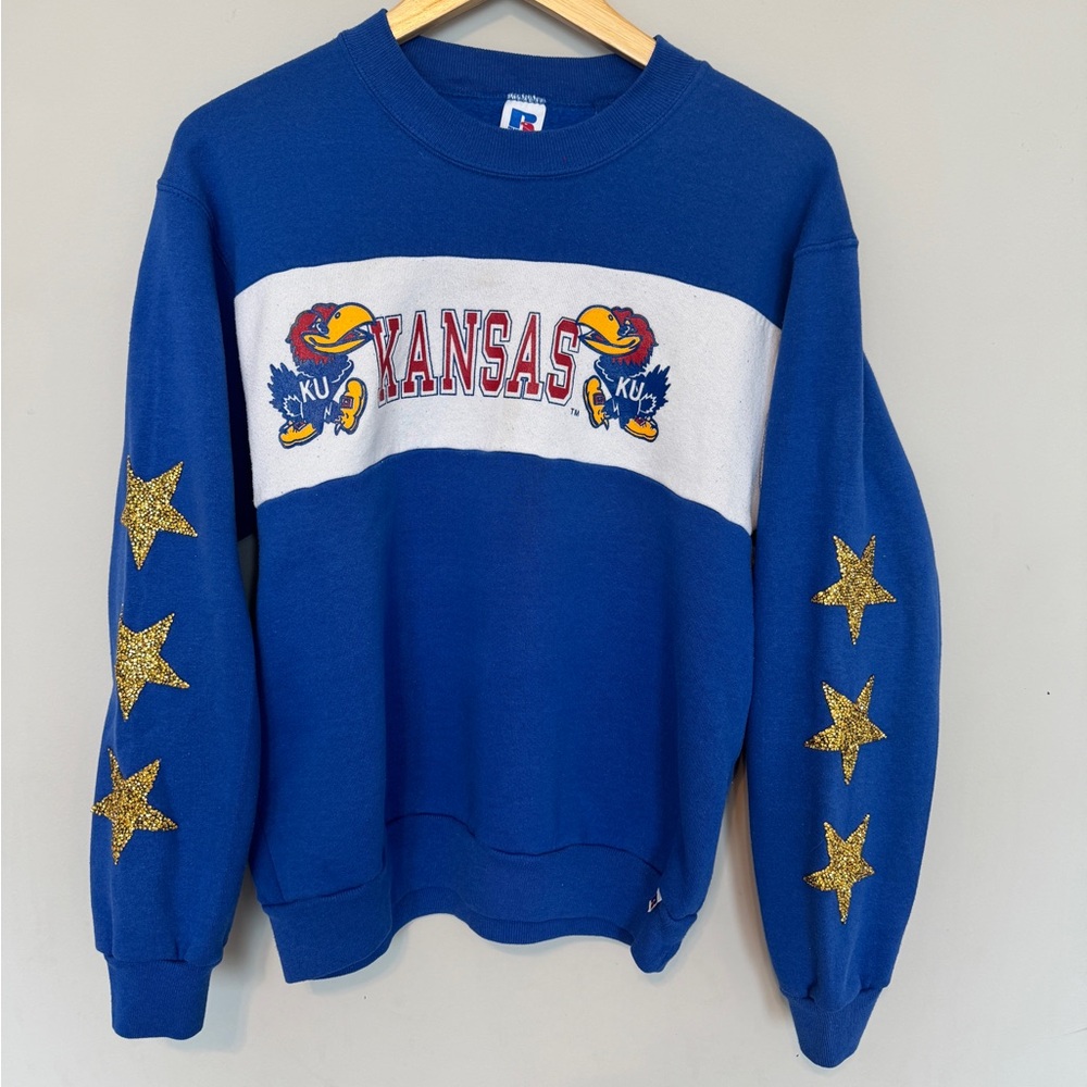 Kansas Crewneck Sweatshirt with Gold Star Sleeves - Blue